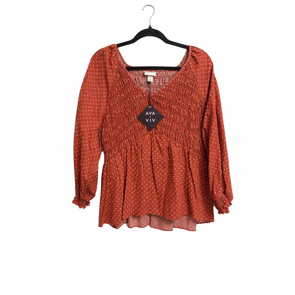 Rust Boho Smocked Blouse 1X V Neck Long Sleeve Top Earth Tone